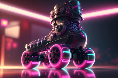 Generative AI, Roller skate in cyberpunk style, disco nostalgic 80s, 90s. Neon night lights vibrant colors, photorealistic horizontal illustration of the futuristic city. Sport activity concept.の素材