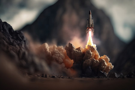 Generative AI Rocket launch from the ground, mountains. Illustration concept of business product on a market, startup, photorealistic tilt shift horizontal banner.の素材