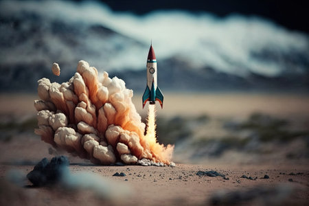 Generative AI Rocket launch from the ground, mountains. Illustration concept of business product on a market, startup, photorealistic tilt shift horizontal banner.の素材