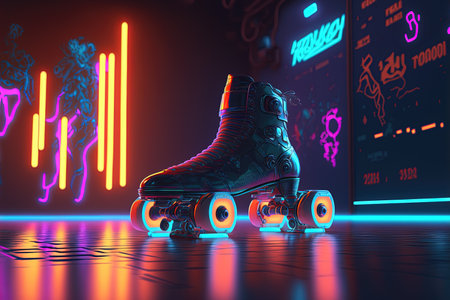 Generative AI, Roller skate in cyberpunk style, disco nostalgic 80s, 90s. Neon night lights vibrant colors, photorealistic horizontal illustration of the futuristic city. Sport activity concept.の素材