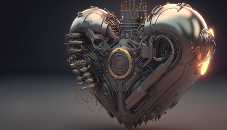 Generative AI, Robot heart in cyberpunk style, futuristic illustration. Love, feelings, romantic Valentine's day concept. Sci-fi replacement organ, realistic 3d effect.の素材