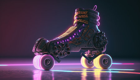 Generative AI, Roller skate in cyberpunk style, disco nostalgic 80s, 90s. Neon night lights vibrant colors, photorealistic horizontal illustration of the futuristic city. Sport activity concept.の素材
