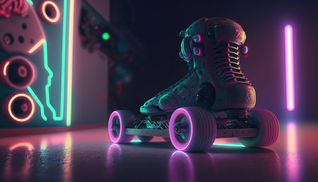 Generative AI, Roller skate in cyberpunk style, disco nostalgic 80s, 90s. Neon night lights vibrant colors, photorealistic horizontal illustration of the futuristic city. Sport activity concept.の素材