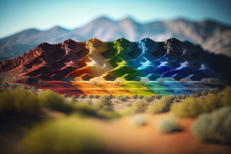 Generative AI, Mountains landscape, colorful rainbow hills, beautiful countryside.. Nature Illustration, photorealistic tilt shift horizontal banner.の素材