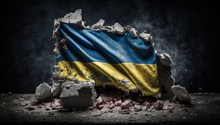 Generative AI, Ruined Ukraine banner, Ukrainian flag on broken concrete, cracked, shattered, rubble ground. no war conceptの素材