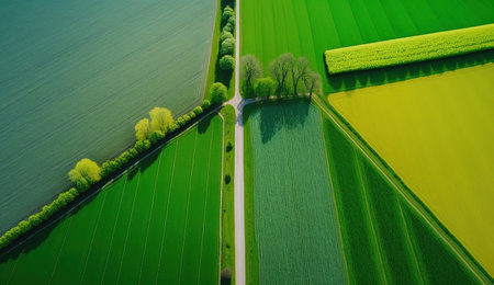 Generative AI, Farm landscape, agricultural fields, beautiful countryside, country road. Nature Illustration, photorealistic top view drone, horizontal banner.の素材