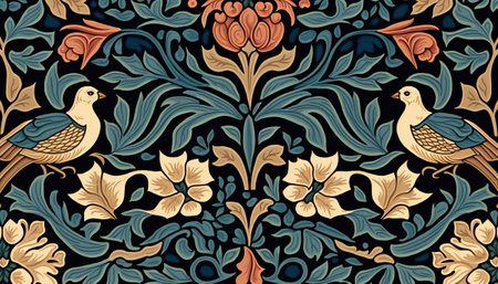 Generative AI, Floral colorful pattern. William Morris inspired natural plants and flowers background, vintage illustration. Foliage ornament.の素材