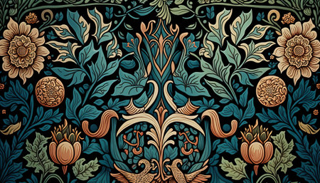 Generative AI, Floral colorful pattern. William Morris inspired natural plants and flowers background, vintage illustration. Foliage ornament.の素材