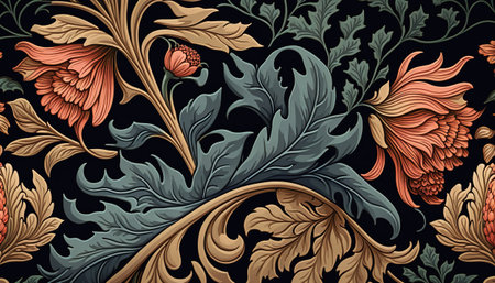 Generative AI, Floral colorful pattern. William Morris inspired natural plants and flowers background, vintage illustration. Foliage ornament.の素材