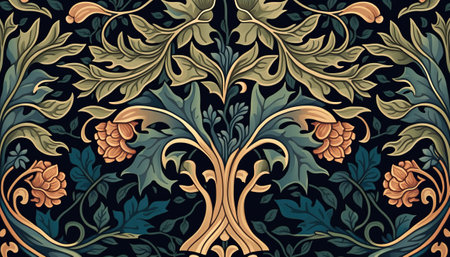 Generative AI, Floral colorful pattern. William Morris inspired natural plants and flowers background, vintage illustration. Foliage ornament.の素材