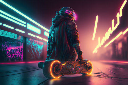 Generative AI, Skate board, man in vr glasses, cyberpunk style. Neon night lights vibrant colors, photorealistic horizontal illustration of the futuristic city. Sport activity concept.の素材