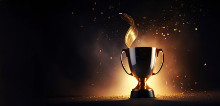 Generative AI, Winner trophy with flames, golden champion cup with falling confetti on dark backgroundの素材