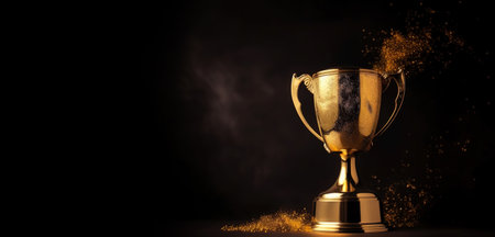 Generative AI, Winner trophy with flames, golden champion cup with falling confetti on dark backgroundの素材
