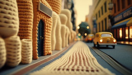 Generative AI, cute street made of crochet, houses, trees, road, cars. Soft colors, dreamy scene cityscape made of crochet materials, wool, fabric, yarn, sewing for backgroundの素材