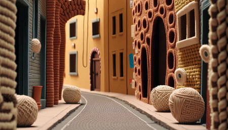 Generative AI, cute street made of crochet, houses, trees, road, cars. Soft colors, dreamy scene cityscape made of crochet materials, wool, fabric, yarn, sewing for backgroundの素材