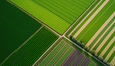 Generative AI, Farm landscape, agricultural fields, beautiful countryside, country road. Nature Illustration, photorealistic top view drone, horizontal banner.の素材