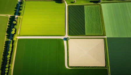 Generative AI, Farm landscape, agricultural fields, beautiful countryside, country road. Nature Illustration, photorealistic top view drone, horizontal banner.の素材