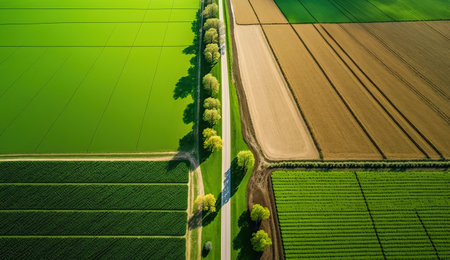 Generative AI, Farm landscape, agricultural fields, beautiful countryside, country road. Nature Illustration, photorealistic top view drone, horizontal banner.の素材