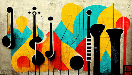 Generative AI, Street art with keys and musical instruments silhouettes. Ink colorful graffiti art on a textured paper vintage background, inspired by Banksyの素材