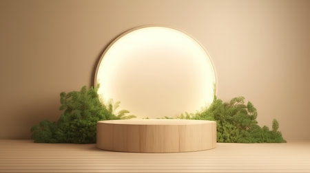 Generative AI, product beige minimal scene with geometric podium platform and moss plants, mock up stand for cosmetic products.の素材