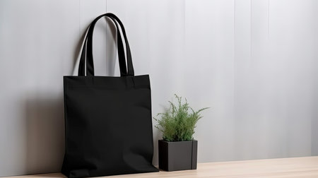 Generative AI, Realistic black tote canvas fabric bag set-up in at home minimalistic interior with plants, mock up blank.の素材