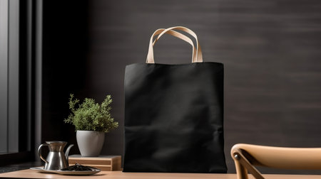 Generative AI, Realistic black tote canvas fabric bag set-up in at home minimalistic interior with plants, mock up blank.の素材