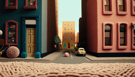 Generative AI, cute street made of crochet, houses, trees, road, cars. Soft colors, dreamy scene cityscape made of crochet materials, wool, fabric, yarn, sewing for backgroundの素材