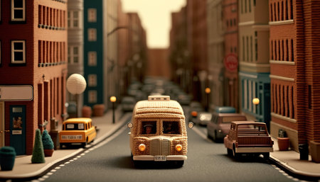 Generative AI, cute street made of crochet, houses, trees, road, cars. Soft colors, dreamy scene cityscape made of crochet materials, wool, fabric, yarn, sewing for backgroundの素材