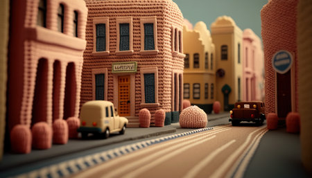 Generative AI, cute street made of crochet, houses, trees, road, cars. Soft colors, dreamy scene cityscape made of crochet materials, wool, fabric, yarn, sewing for backgroundの素材