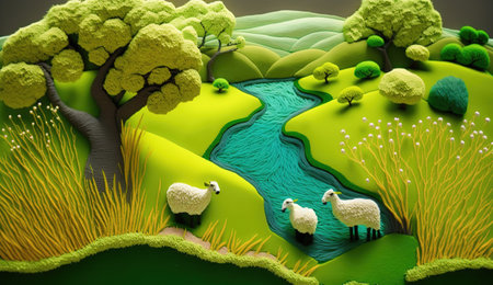 Generative AI, cute farm landscape made of crochet with trees, river, green grass, farm animals. Dreamy agricultural scene made of wool materials, fabric, yarn, sewing for backgroundの素材