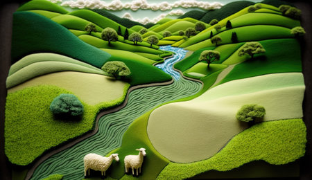 Generative AI, cute farm landscape made of crochet with trees, river, green grass, farm animals. Dreamy agricultural scene made of wool materials, fabric, yarn, sewing for backgroundの素材