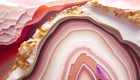 Generative AI, natural volcanic agate stones close-up light pink magenta and golden texture. Wallpaper background, quartz marble, decorative rock patternの素材
