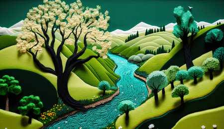 Generative AI, cute farm landscape made of crochet with trees, river, green grass. Dreamy agricultural scene made of wool materials, fabric, yarn, sewing for backgroundの素材