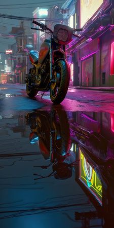 Generative AI, Night scene of after rain city in cyberpunk style, futuristic nostalgic 80s, 90s. Neon lights vibrant colors, photorealistic vertical illustration.の素材