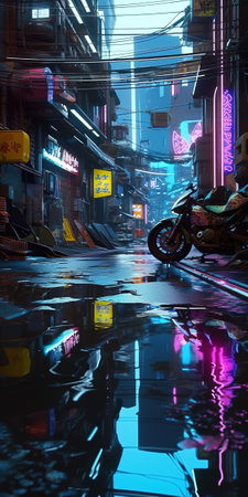 Generative AI, Night scene of after rain city in cyberpunk style, futuristic nostalgic 80s, 90s. Neon lights vibrant colors, photorealistic vertical illustration.の素材