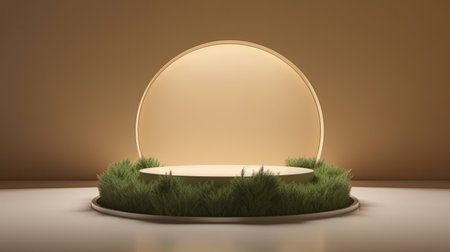 Generative AI, product beige minimal scene with geometric podium platform and moss plants, mock up stand for cosmetic products.の素材
