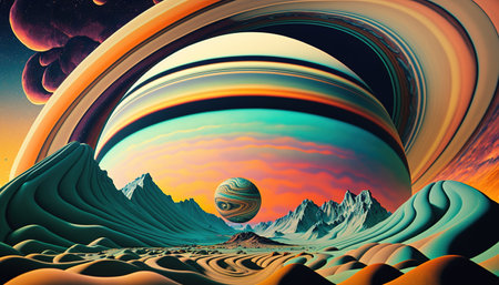Generative AI, Alien planet landscape. Psychedelic Space banner template, background. Horizontal illustration of the future with mountains, planets, trees, moon. Surrealist escapism.の素材