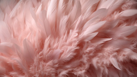 Generative AI, Beautiful light pink closeup feathers, photorealistic background. Small fluffy pink feathers randomly scattered formingの素材