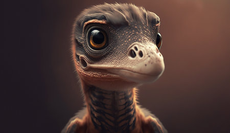 Generative AI, baby of velociraptor, ancient carnivore dinosaur, extinct animal. Cute small animal.の素材