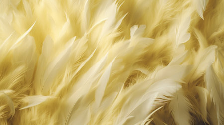 Generative AI, Beautiful light yellow closeup feathers, photorealistic background. Small fluffy yellow feathers randomly scattered formingの素材