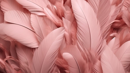 Generative AI, Beautiful light pink closeup feathers, photorealistic background. Small fluffy pink feathers randomly scattered formingの素材