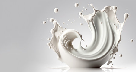 Generative AI, Flowing liquid with splashes in white color. Glossy cream milk fluid banner, 3D effect, modern macro photorealistic abstract background illustration.の素材