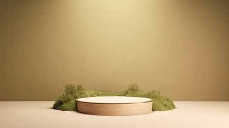 Generative AI, product beige minimal scene with geometric podium platform and moss plants, mock up stand for cosmetic products.の素材
