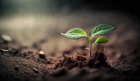 Generative AI, Young plant Growing In sunlight from the ground, macro photorealistic illustration, vegetable. Nature organic healthy farm food concept, horizontal banner.の素材