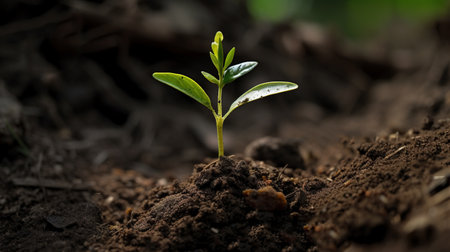 Generative AI, Young plant Growing In sunlight from the ground, macro photorealistic illustration, vegetable. Nature organic healthy farm food concept, horizontal banner.の素材