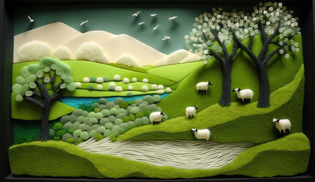 Generative AI, cute farm landscape made of crochet with trees, river, green grass. Dreamy agricultural scene made of wool materials, fabric, yarn, sewing for backgroundの素材