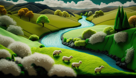 Generative AI, cute farm landscape made of crochet with trees, river, green grass. Dreamy agricultural scene made of wool materials, fabric, yarn, sewing for backgroundの素材