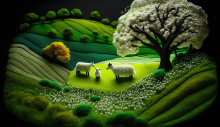 Generative AI, cute farm landscape made of crochet with trees, river, green grass. Dreamy agricultural scene made of wool materials, fabric, yarn, sewing for backgroundの素材