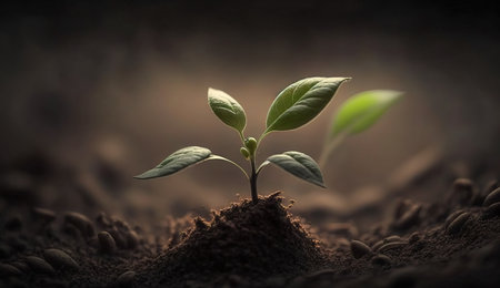 Generative AI, Young plant Growing In sunlight from the ground, macro photorealistic illustration, vegetable. Nature organic healthy farm food concept, horizontal banner.の素材