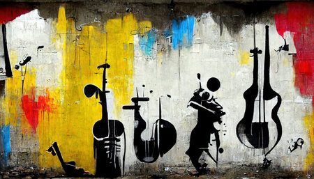 Generative AI, Street art with keys and musical instruments silhouettes. Ink graffiti art on a textured paper vintage background, inspired by Banksyの素材